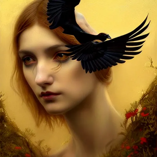 Prompt: young goddess of crows, unusual sublime beauty, emotionally evoking symbolic metaphors, head in focus, fantasy, ornamental, intricate, elegant, sensual, highly detailed digital painting, artstation, concept art, painterly, golden ratio, sharp focus, illustration, art by John Collier and Krenz Cushart and Artem Demura and and Greg Rutkowski and Alphonse Mucha and Albert Aublet