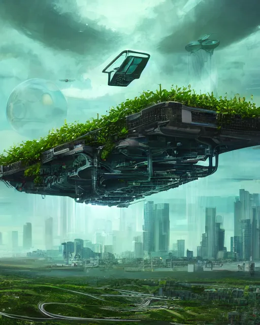 Prompt: solarpunk vehicle above a city, scifi, futuristic, bright light, highly detailed, concept art, green plants, research complex, school, drones, solar panels, flowers, utopia, sharp focus, trending on artstation, intricate, atmosphere, raining, art by roman makarenko, dzung phung dinh