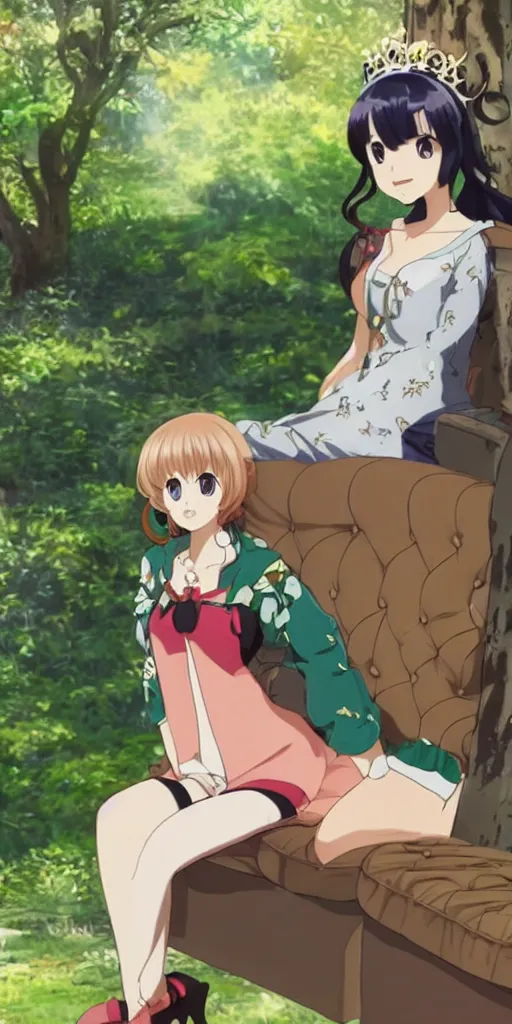 Image similar to a queen of love sitting by herself on a sofa in a forest, drawn by CloverWorks,