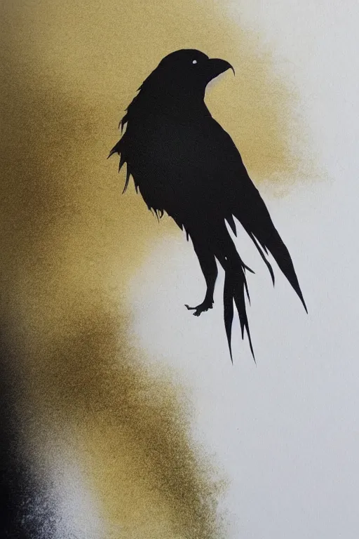 Image similar to beautiful serene smart raven, healing through motion, minimalistic golden ink airbrush painting on white background, studio ghibli