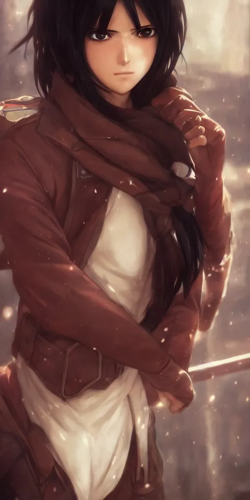 Image similar to mikasa ackerman, hero pose, medium shot, bokeh, beautiful face!!!!, 2 7 years old, cg animation, lifelike, animated, realistic, character select portrait, by artgerm, greg rutkowski, alphonse mucha, 3 d