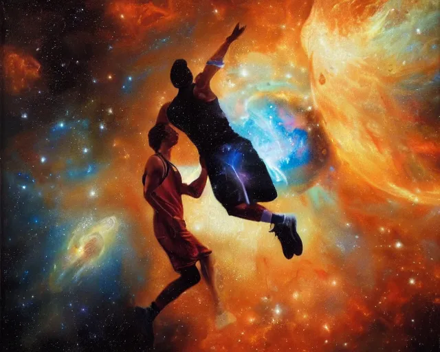 Image similar to cosmic basketball player dunking in a nebula, an oil painting, by ( leonardo da vinci ) and greg rutkowski and rafal olbinski ross tran airbrush time magazine