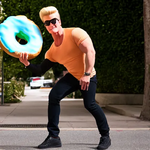 Prompt: Johnny Bravo as a real-life human trying to steal a donut, XF IQ4, f/1.4, ISO 200, 1/160s, 8K, Sense of Depth, color and contrast corrected, Nvidia AI, Dolby Vision, in-frame