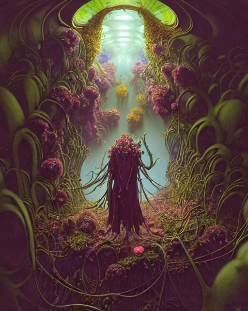 Image similar to the platonic ideal of flowers, rotting, insects and praying of cletus kasady carnage davinci dementor chtulu mandelbulb mandala ponyo dinotopia the witcher, fantasy, ego death, decay, dmt, psilocybin, concept art by randy vargas and greg rutkowski and zdzisław beksinski and alphonse mucha