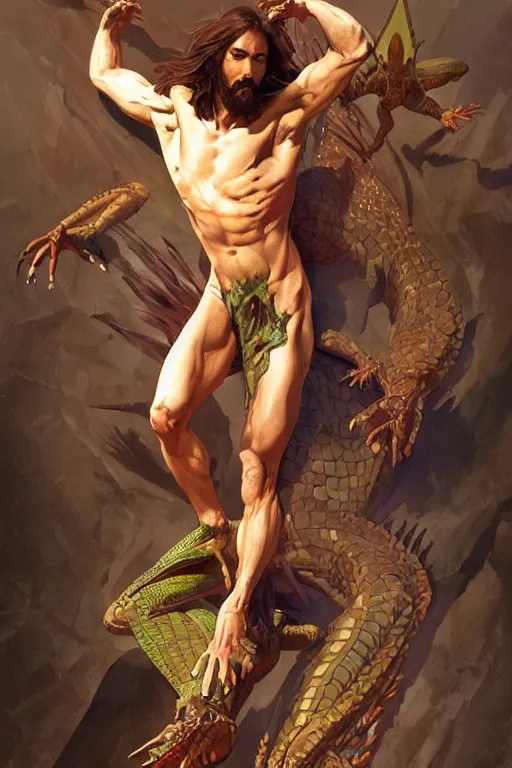 Prompt: fullbody!! dynamic action pose, jesus christ portrayed as a lizard reptile man, intricate, elegant, highly detailed, digital painting, artstation, concept art, smooth, sharp focus, illustration, art by artgerm and greg rutkowski and alphonse mucha