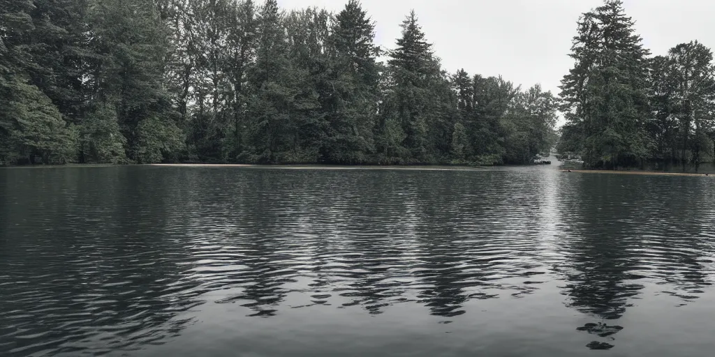 Prompt: symmetrical photograph of an infinitely long rope floating on the surface of the water, the rope is snaking from the foreground stretching out towards the center of the lake, a dark lake on a cloudy day, trees in the background, anamorphic lens, surreal