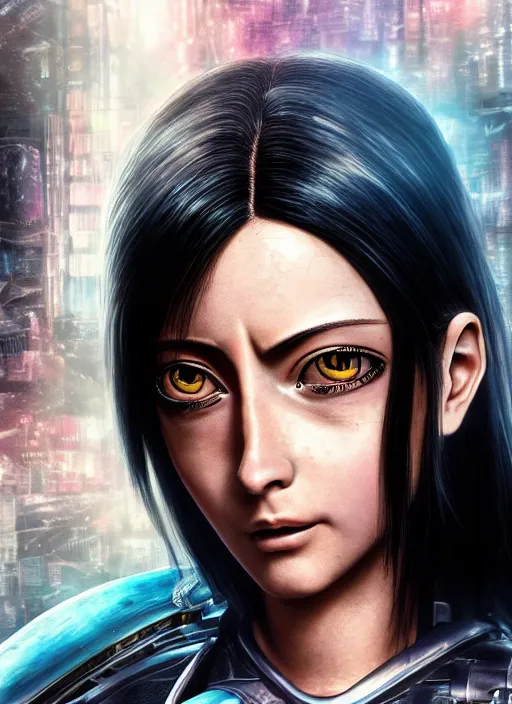 Image similar to Alita Battle Angel, digital painting, cyberpunk, aesthetic, faded, full body portrait, hyper realistic render, 8k