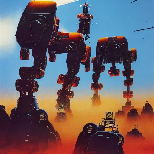 Image similar to giant robot attacks schoolbus, chris foss, john harris, beeple, wayne barlowe