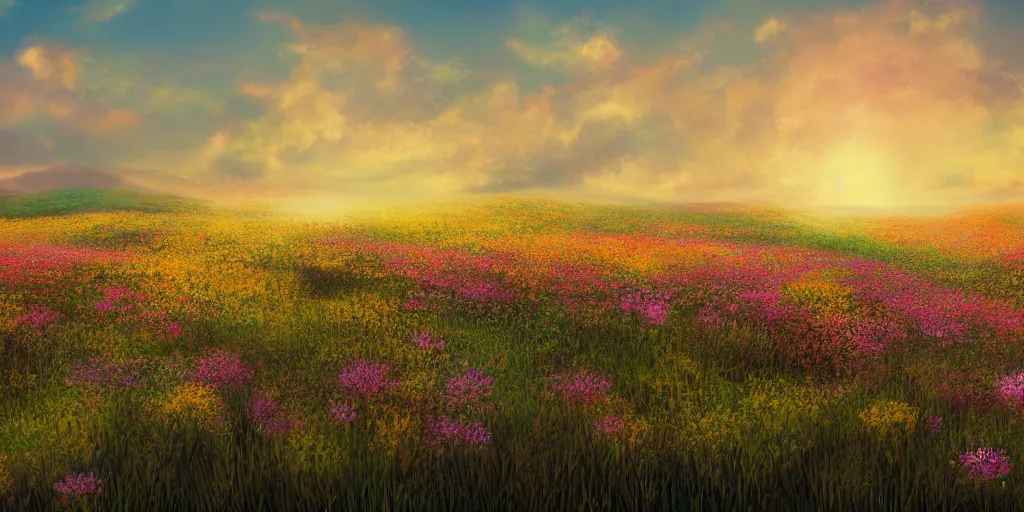 Prompt: landscape, flowers field. golden hour. pastel colors. matte painting, 4k
