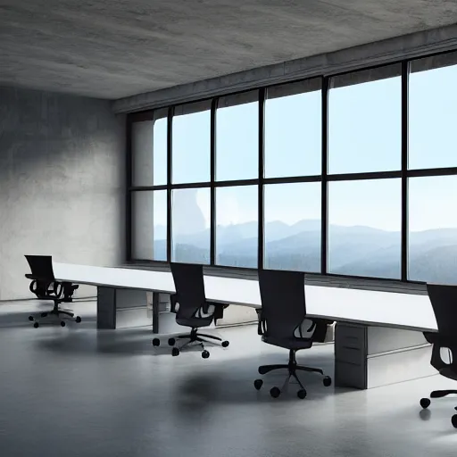 Image similar to large office on top of mountain, modern, well kept, bright, ethereal feel, volumetric lighting, godrays, warm light, high ceiling, table in the middle, office chair, couch, grand, curved windows around the wall, white concrete, plangs in wall, balcony outside, digital art, concept art, high detail,