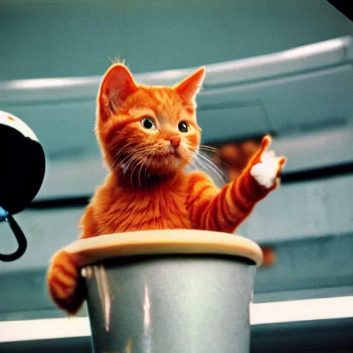 Prompt: 1 9 8 0's color photo of ginger cat in spacesuit giving public speech