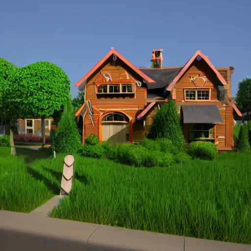 Image similar to funny house, 3d, rendering, realistic, forest, pixar and disney style