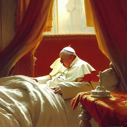 Image similar to the pope wakes up is his bed, sweating, nervous, terrified, because a double horned shadow demon lurks in the curtains of the papal bedroom. highly detailed painting by gaston bussiere, j. c. leyendecker, greg rutkowski, craig mullins 8 k