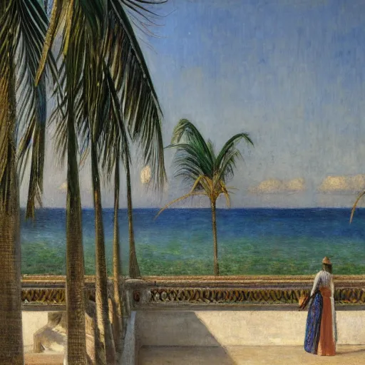 Image similar to a ultradetailed beautiful painting of the amazonas palace balustrade designed by jules bastien - lepage, tarsila do amaral, frank weston and gustave baumann, beach, trending on artstation, mediterranean, palm trees, detailed face, sharp focus, soft light, 8 k 4 k