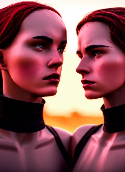 Image similar to cinestill 5 0 d photographic portrait of two sultry loving female androids wearing rugged black techwear on a desolate plain with a red sky, extreme closeup, cyberpunk style, garters, dust storm, 8 k, hd, high resolution, 3 5 mm, f / 3 2, ultra realistic faces, ex machina