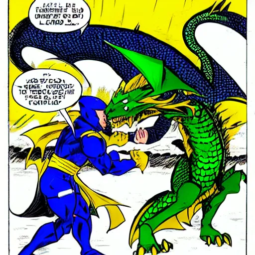 Image similar to comic book dragon fight vs knight in green car with blue armor and a gold sword