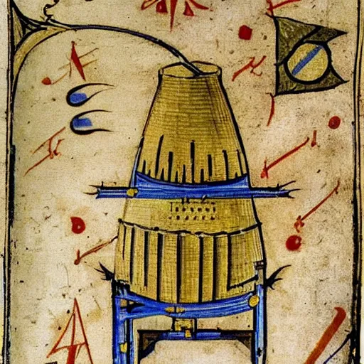 Image similar to bad drawedmix between a turborreactor and a rocket in a medieval manuscript, medieval manuscript, golden miniatures