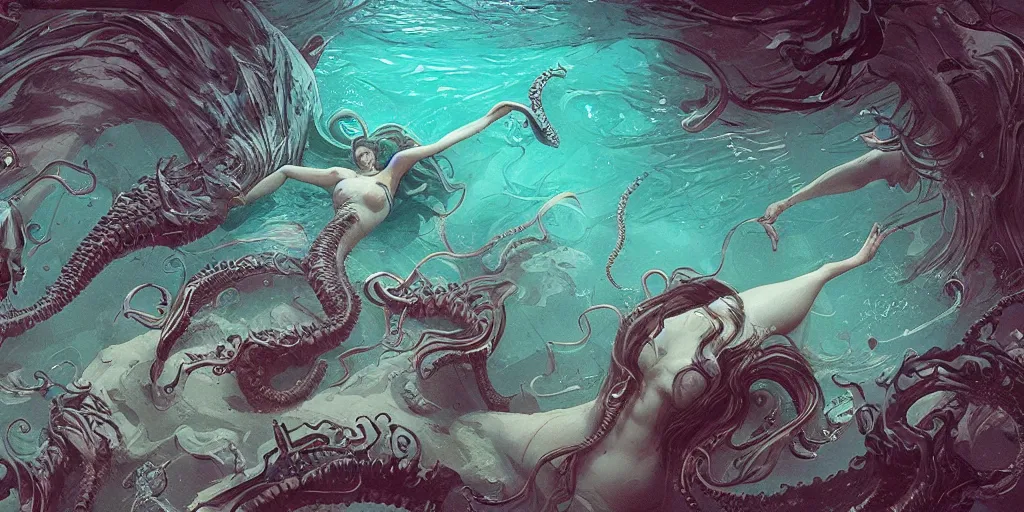 Image similar to lovecraftian Demon mermaids swimming designs, Kim Jung Gi, Greg Rutkowski, Darek Zabrocki, Karlkka, Jayison Devadas, Phuoc Quan, trending on Artstation, 8K, ultra wide angle, zenith perspective, pincushion lens effect