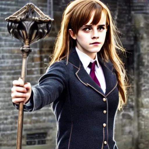 Image similar to emma watson as hermione granger as an anime character, holding a wand, standing in anime diagon alley