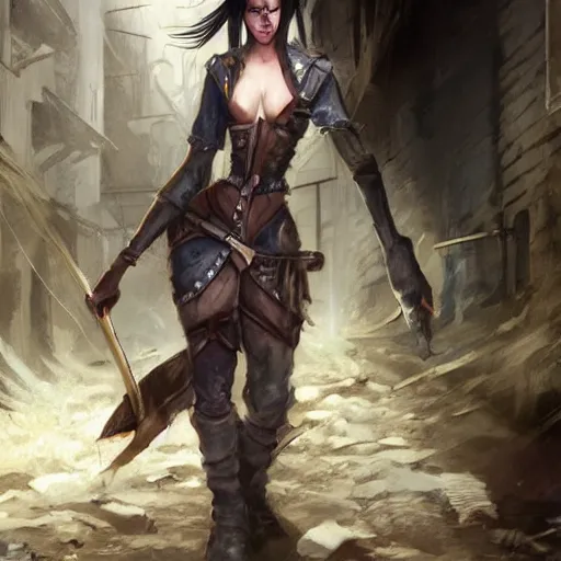 Image similar to dungeon and dragons rogue with covered face in an alley, hyper realistic, torn clothes, dirty, sweat, detailed face, in the style of emilia wilk
