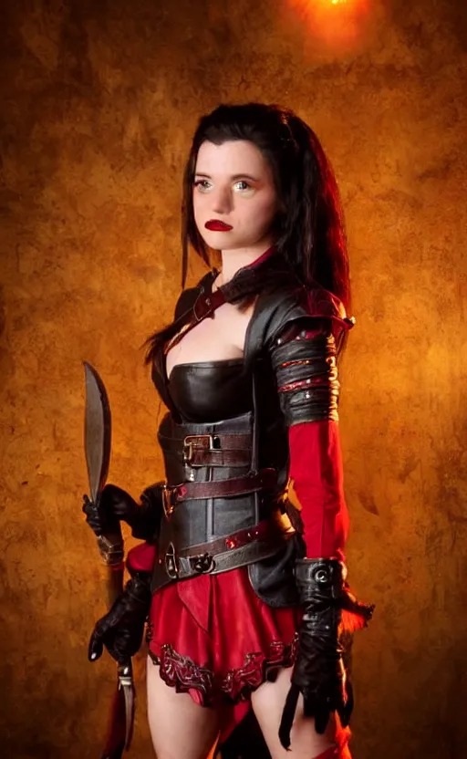 Image similar to epic fantasy d & d female halfling rogue, black hair, red leather corset, cinematic, beautiful lighting, heroic