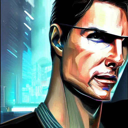 Image similar to cyberpunk tom cruise, sharp lines, digital, artstation, colored in