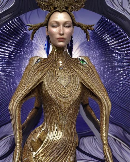 Image similar to a highly detailed metahuman 4 k close up render of an alien goddess bella hadid monument sacred in iris van herpen dress schiaparelli in diamonds crystals swarovski and jewelry iridescent in style of alphonse mucha gustav klimt trending on artstation made in unreal engine 4