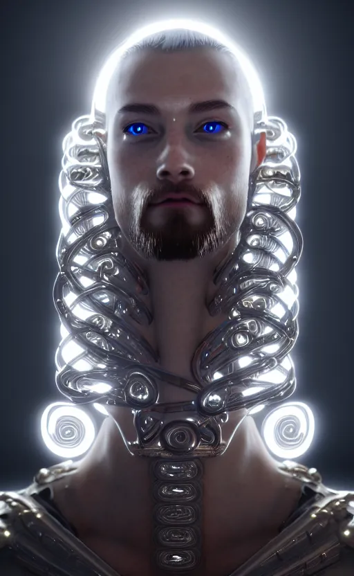 Image similar to white cyborg Jesus, cyber copper spiral decorations, white elegant baroque design, headshot half figure, photorealistic, 8k, hyper detailed, unreal engine, trending on artstation