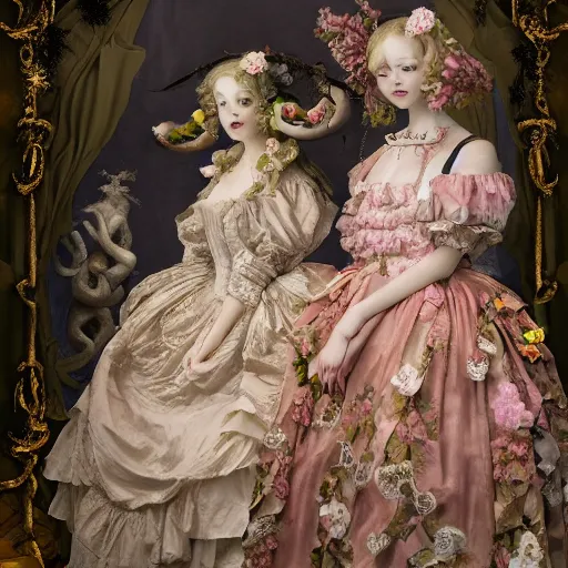 Image similar to 8k, octane render, realism, tonalism, renaissance, rococo, baroque, group of creepy young ladies wearing long harajuku manga dress with flowers and skulls, background chaotic flowers