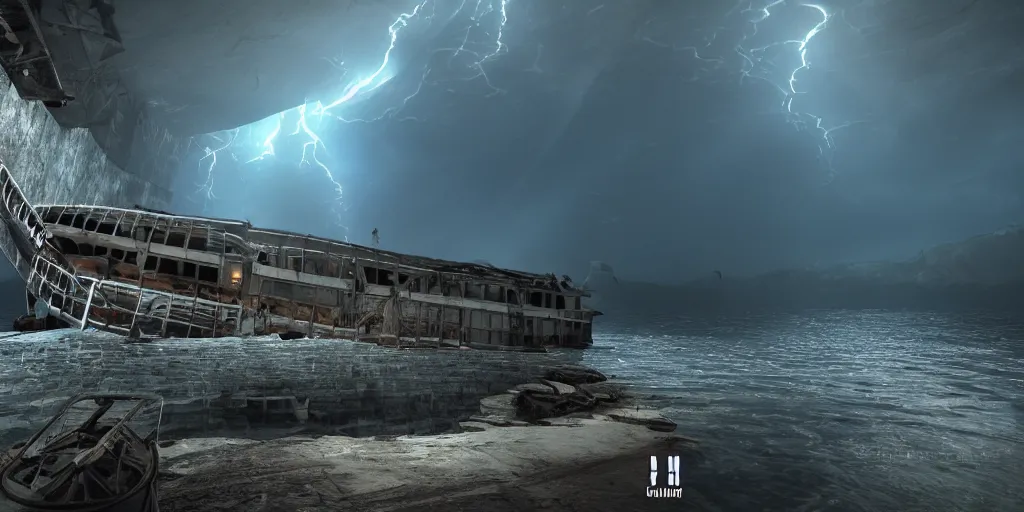 Prompt: sunken cruise ship, dark, thunderstorm unreal engine Hight detailed An epic fantastic realism dinamic lighting
