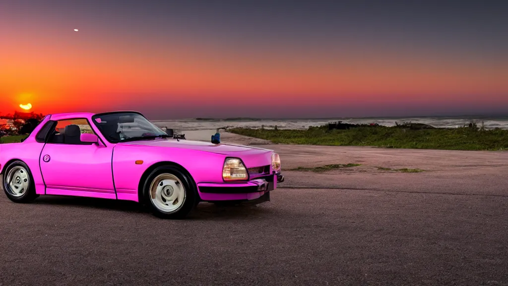 Prompt: neon synthwave datsun fairly roadster, at sunset, 8 k. filling most of the view