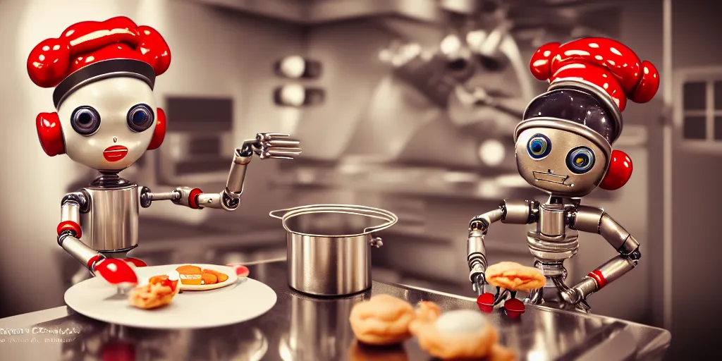 Image similar to closeup portrait of tin toy retro robot chef cooking pastry in a kitchen, depth of field, zeiss lens, detailed, centered, fashion photoshoot, by nicoletta ceccoli, mark ryden, lostfish, breathtaking, 8 k resolution, extremely detailed, beautiful, establishing shot, artistic, hyperrealistic, octane render