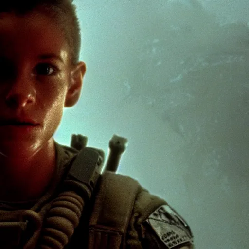 Prompt: soldier is made of rocks, still from the movie aliens, fog, dramatic lighting