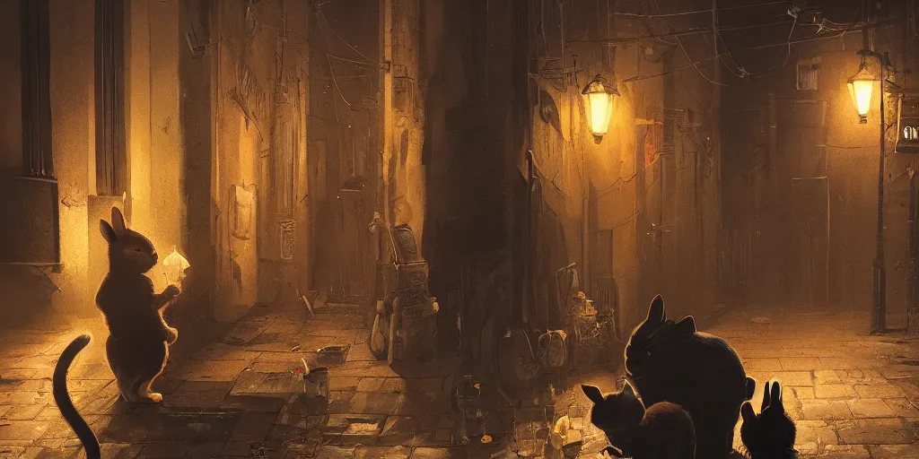 Image similar to rabbit is talking with a cat in a dark alley, warm color palette, night time, dramatic lighting, noir film, fine details, high contrast, blacksad, kim jung gi, greg rutkowski, trending on artstation, 8 k, ultra wide angle