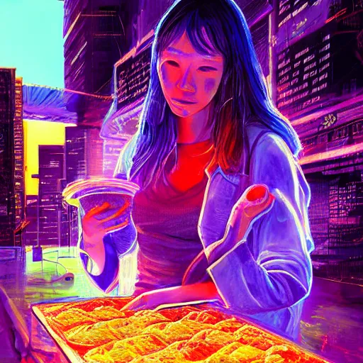 Image similar to portrait of taking a bite out of an edible rgb light with a gooey filling being sold at a road side stand, cyberpunk, high quality, digital art, ue 5,