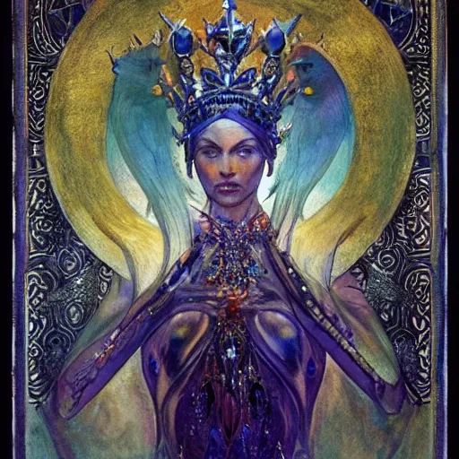 Image similar to the crystal crown, by Annie Swynnerton and Nicholas Roerich and Diego Rivera, tattooed bioluminescent skin, elaborate costume, geometric ornament, symbolist, Luis Royo, rich color, dramatic cinematic lighting, smooth, sharp focus, extremely detailed