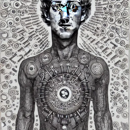 Image similar to the inner self of mark zuckerberg, clockwork engine, psychedelic, lsd, spiritual, mystical, epic beautifully detailed pen, ink and copic markers drawing by milo manara