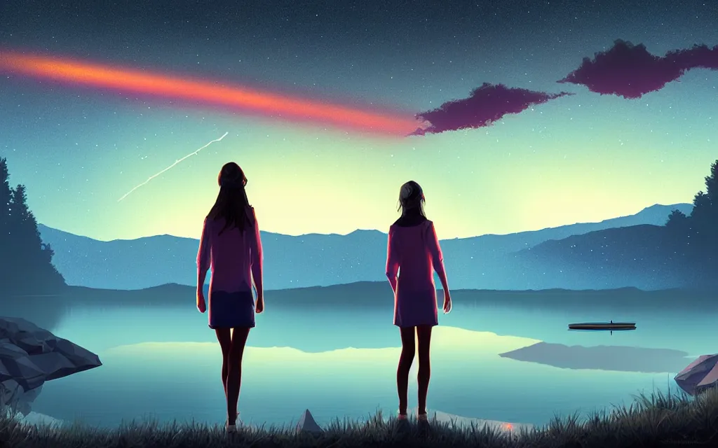 Image similar to girl staring at a meteorite hitting a calm lake at night by wlop, low poly art, ultra detailed color art, high detail, digital art