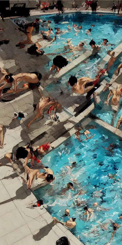 Image similar to oil painting scene from swimming pool by kim jung gi