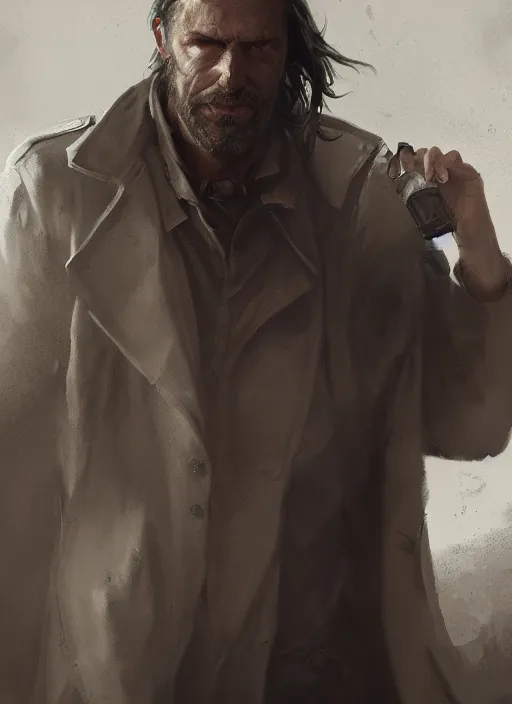 Image similar to portrait of a rugged man in a trenchcoat, highly detailed, fantasy, godrays, cinematic lighting, close up, volumetric, realistic, digital art by greg rutkowski