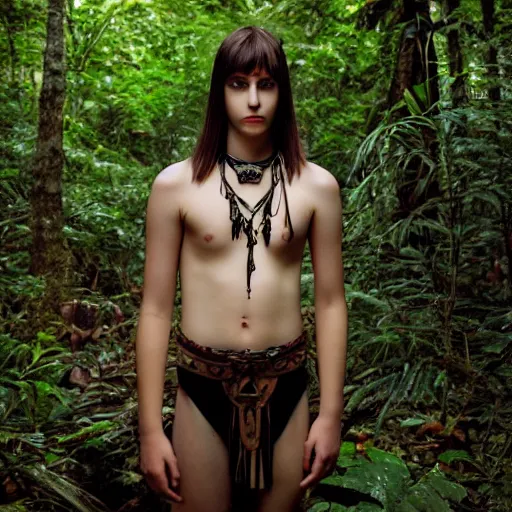 Image similar to a teenage boy, around 2 2 yo. choker necklace. natural brown hair. loincloth, pale skin. detailed face. ominous and eerie looking jungle in background. natural colors. hyperrealistic photo.