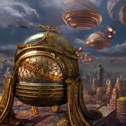 Image similar to enormous flying city in a faberge egg encircled by giant metallic petals, cloudy sky background, steampunk, fantasy art, masterpiece, unreal engine