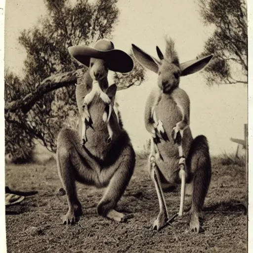 Image similar to kangaroo and wallabies wearing cowboy costumes, small town, 1 8 6 0 s, photo