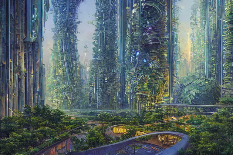 Prompt: oil painting, super - detailed scene of utopian zaha hadid skyscrapers, cyberpunk garden, solarpunk, bioluminescent cyber - garden, japanese sci - fi books art, artwork by jean giraud, hd, 4 k, high quality
