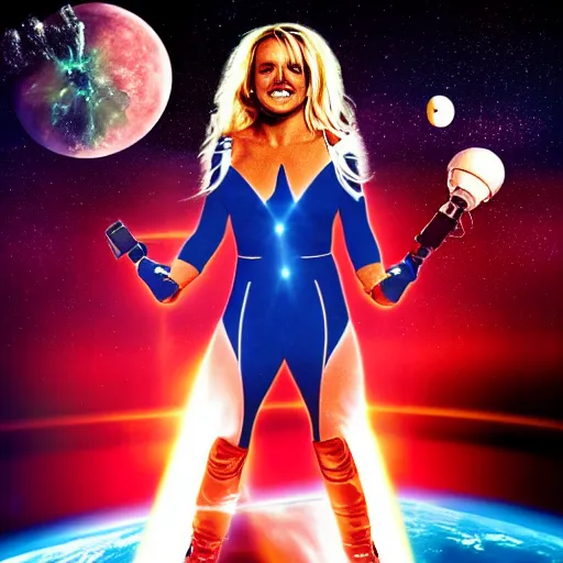 Image similar to of a dynamic movie poster of britney spears as a hero sci fi space cosmonaut holding a raygun in a nice action pose, there is an explosion on the background of a space station blowing britney's hair and lighting her with a rim light, she is laughing, f 2. 8, advertising studio lighting,