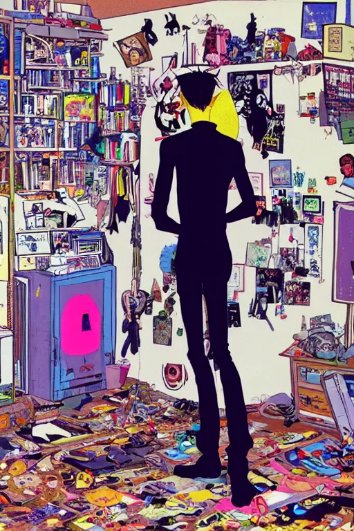 Image similar to a skinny goth guy standing in a cluttered 9 0 s bedroom by jamie hewlett, back view, jamie hewlett art, full body character concept art, vaporwave colors,