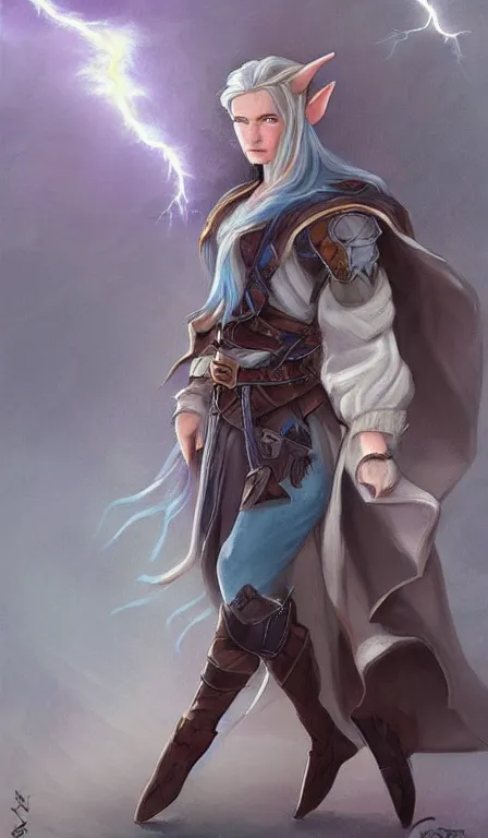 Prompt: cute whimsical half - elf sorcerer rogue running leaving a trail of lightning, brown leather tunic, ( ( ( ( ( ( chris pratt ) ) ) ) ) ), light grey - blue hair, d & d, fantasy, portrait, highly detailed, digital painting