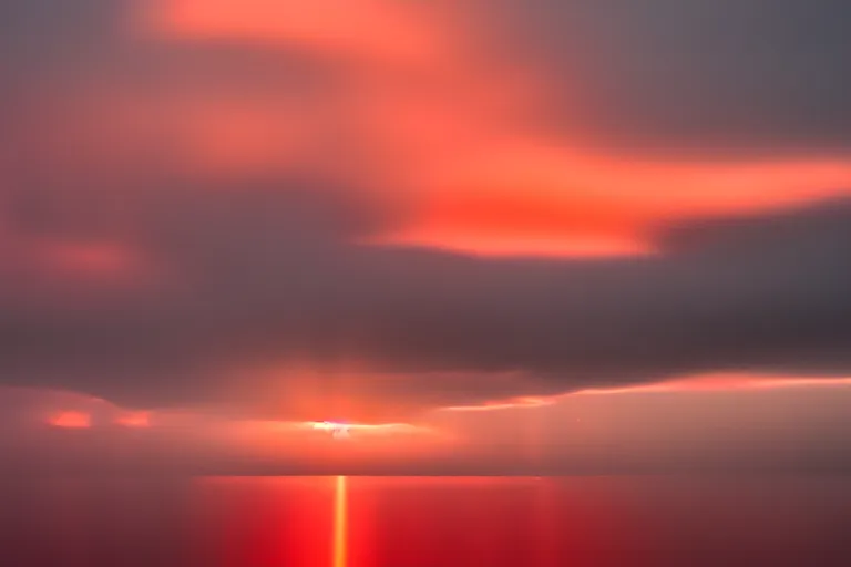 Image similar to hd photo of the eastern horizon was strung with rain clouds and the sun should have risen out of the water like a mist shrouded egg yolk, but it didn't. Its red light mushroomed along the horizon, then rose into the sky as a cross pascal blanche dramatic lighting wide angle 35mm shallow depth of field 8k