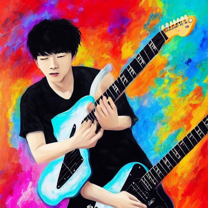 Image similar to a young korean male musician wearing black tank top holding a telecaster!!! electric guitar!! he is made of thick flowing dramatic brush strokes blowing away in strong wind, matte colors, abstract, impressionist, motion, trending on artstation