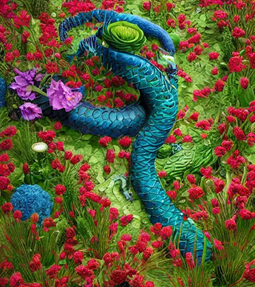 Image similar to quetzalcoatl, surrounded by flowers, cinematography by jim jarmusch, moebius, katsuhiro otomo, rococo, trending on artstation, muted lighting, hyper realism, octane render, 8 k, hyper detailed, ink by dave gibbons